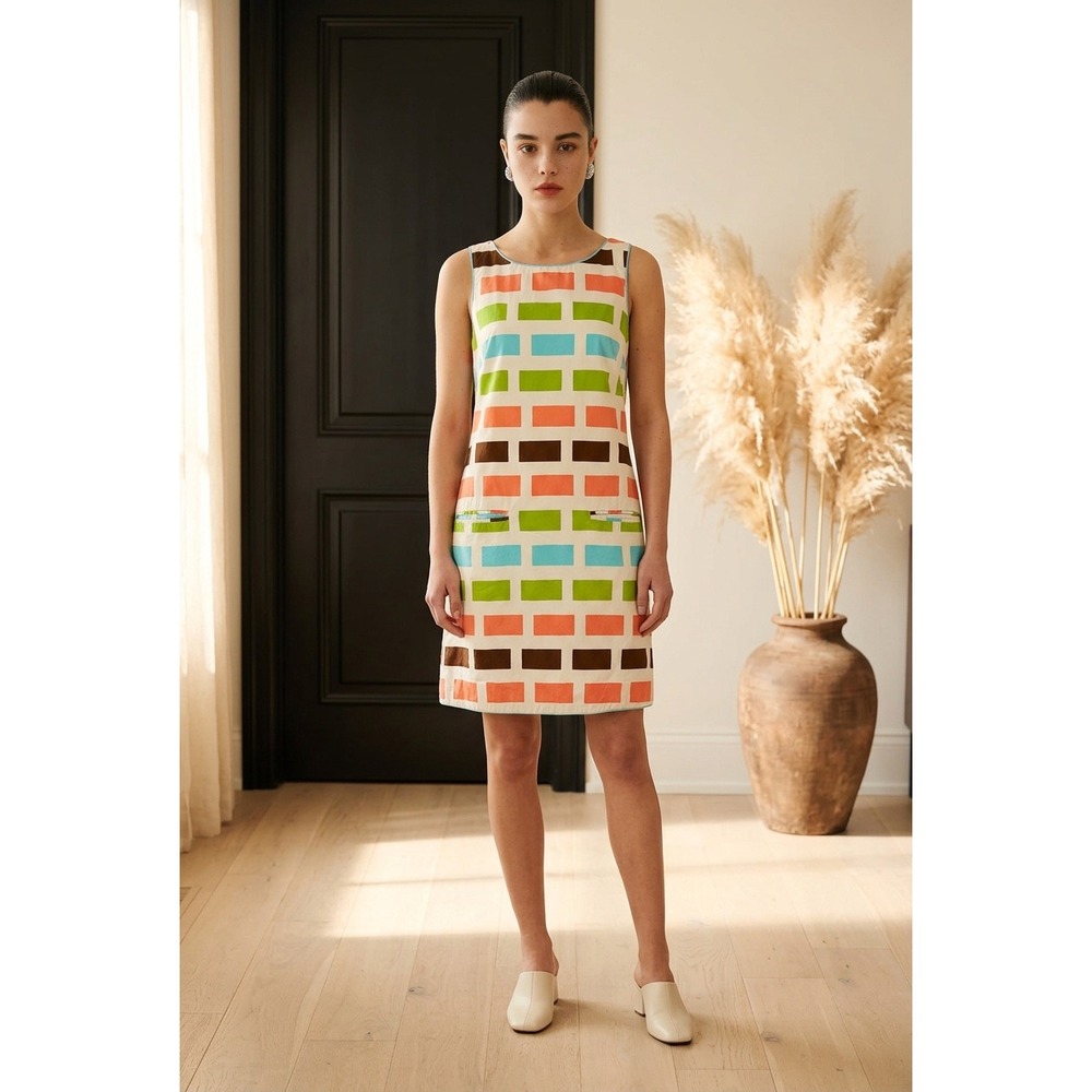 Elizabeth McKay Geometric Brick Print Back Button Shift Dress Multicolor Size 4